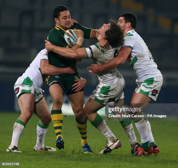 Ireland's Rory Kostjasyn and Australia's Jarryd Hayne during the 2013 World Cup match at Thomond Park, Limerick, Ireland.