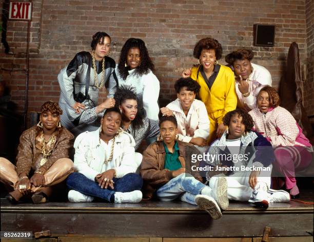 Group portrait of various female hip hop groups and performers, New York, New York, late 1980s. Pictured are, from left, top row: Sparky D, Sweet...