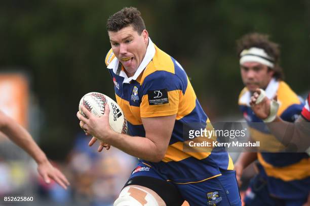 Callum Retallick of Bay of Plenty makes a break during the round six Mitre 10 Cup match between Bay of Plenty and Counties Manukau Tauranga Domain on...