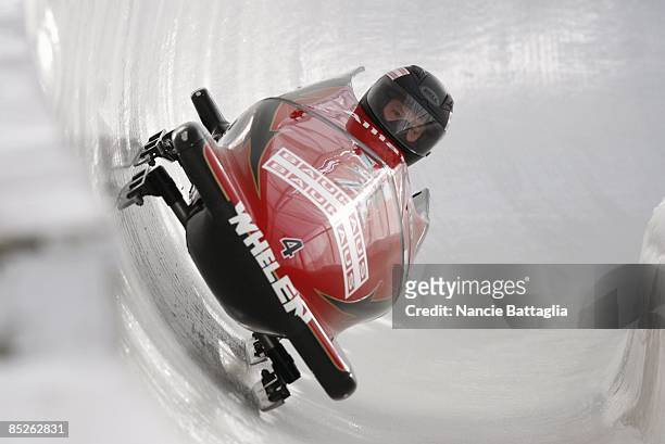 Bobsled World Championships: USA Steven Holcomb and Curtis Tomasevicz in action during Two Man run at Bobsled Track. USA won bronze. Lake Placid, NY...