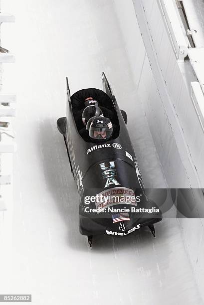 Bobsled World Championships: USA Steven Holcomb , Justin Olsen, Steve Mesler, and Curtis Tomasevicz in action during Four Man run at Bobsled Track....