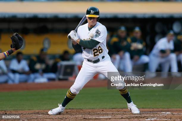 Matt Chapman of the Oakland Athletics is hit by a pitch by Miguel Gonzalez of the Texas Rangers in the second inning at Oakland Alameda Coliseum on...