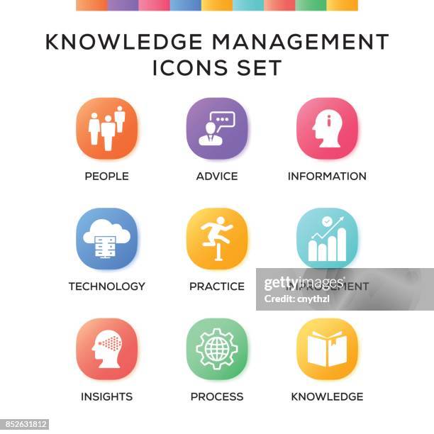 knowledge management icons set on gradient background - computer skills training stock illustrations