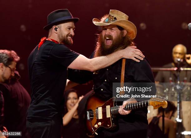 Musicians Justin Timberlake, left, and Chris Stapleton perform at the 2017 Pilgrimage Music & Cultural Festival on September 23, 2017 in Franklin,...