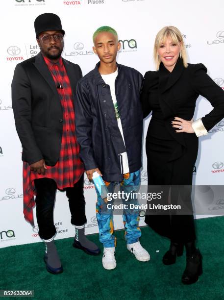 Rapper will.i.am, actor Jaden Smith, and EMA President Debbie Levin attend the 27th Annual EMA Awards at Barker Hangar on September 23, 2017 in Santa...