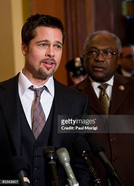 Actor Brad Pitt and Democratic Whip James Clyburn discuss the "Make it Right" project in the Speaker's Balcony Hallway in The Capital on March 5,...