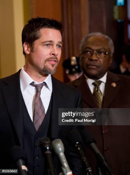 Actor Brad Pitt and Democratic Whip James Clyburn discuss the "Make it Right" project in the Speaker's Balcony Hallway in The Capital on March 5,...