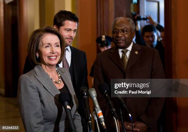 House Speaker Nancy Pelosi, actor Brad Pitt and Democratic Whip James Clyburn discuss the "Make it Right" project in the Speaker's Balcony Hallway in...