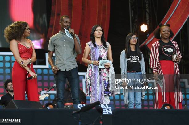 Andra Day, Denis Muwanguzi, Dr. Uzma Gul, Shomy Chowdhury and Davinia James speak onstage during Global Citizen Festival 2017 at Central Park on...