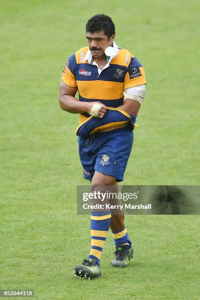 Solomona Sakalia of Bay of Plenty leaves the field injured during the round six Mitre 10 Cup match between Bay of Plenty and Counties Manukau...