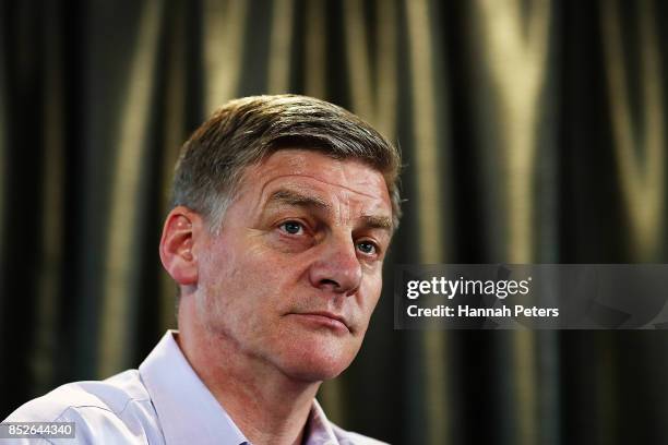 National Party leader Bill English speaks to the media on September 24, 2017 in Auckland, New Zealand. New Zealand's National Party has won the most...