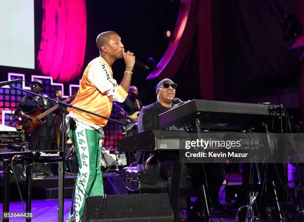 Pharrell Williams and Stevie Wonder perform onstage during the 2017 Global Citizen Festival: For Freedom. For Justice. For All. In Central Park on...