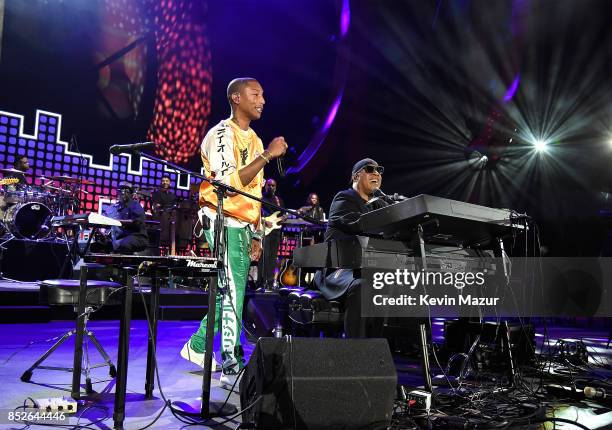 Pharrell Williams and Stevie Wonder perform onstage during the 2017 Global Citizen Festival: For Freedom. For Justice. For All. In Central Park on...