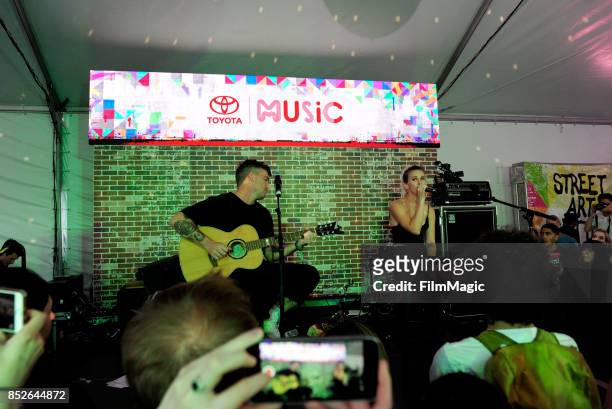 Caleb Nott and Georgia Nott of Broods perform at the Toyota Music Den during day 2 of the 2017 Life Is Beautiful Festival on September 23, 2017 in...