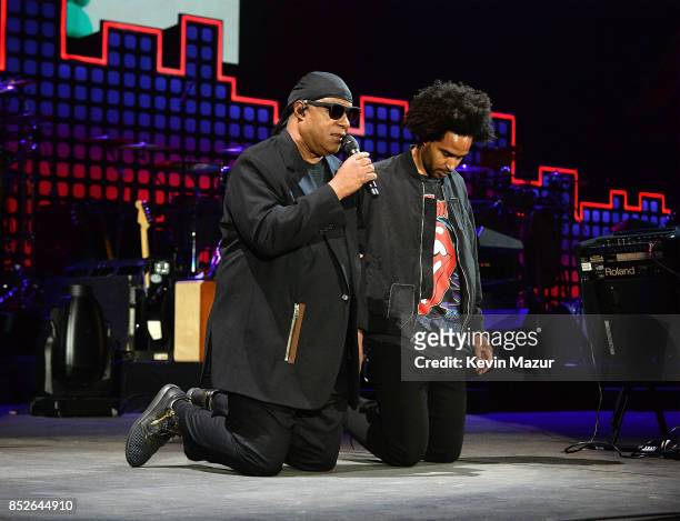 Stevie Wonder and Kwame Morris perform onstage during the 2017 Global Citizen Festival: For Freedom. For Justice. For All. In Central Park on...