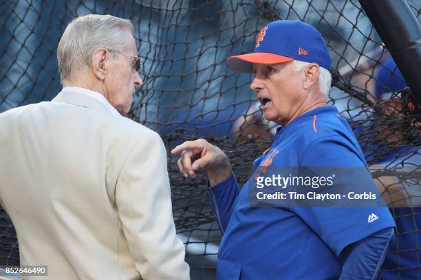 Owner Fred Wilpon talks with manager Terry Collins of the New York Mets during batting practice before the Washington Nationals Vs New York Mets MLB...