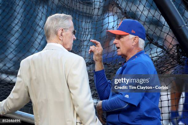 Owner Fred Wilpon talks with manager Terry Collins of the New York Mets during batting practice before the Washington Nationals Vs New York Mets MLB...