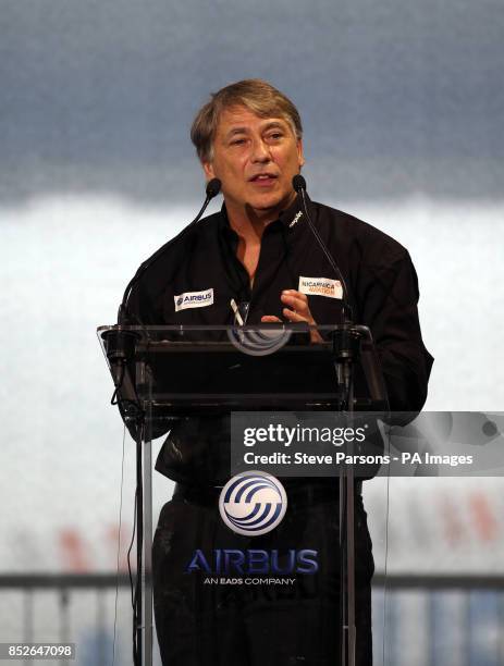 Dr Fred Prata who invented the AVOID volcanic technology speaking at a press conference at the Airbus factory in Toulouse, France.