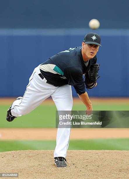 Chris Jakubauskas of the Seattle Mariners pitches during a Spring Training against the Los Angeles Angels of Anaheim game at Peoria Stadium on March...