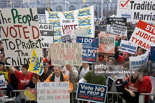 People rally in front of the California Supreme Court Building after arguments were heard for and against Proposition 8 March 5, 2009 in San...