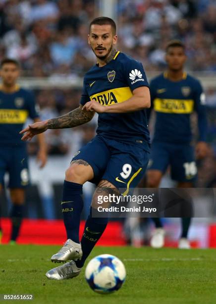 Dario Benedetto of Boca Juniors plays the ball during a match between Velez Sarsfield and Boca Juniors as part of the Superliga 2017/18 at Estadio...