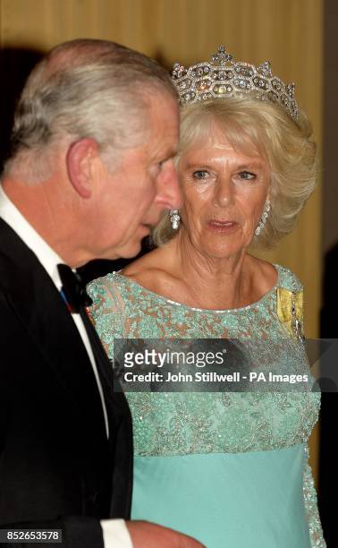 The Prince of Wales and Duchess of Cornwall at the CHOGM dinner hosted by them for Heads of Government at the Cinnamon Lakeside Hotel in Colombo, the...