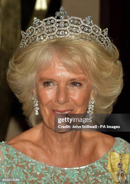 The Duchess of Cornwall in an evening dress and jewels at the CHOGM dinner at the Cinnamon Lakeside Hotel in Colombo, the capital of Sri Lanka.