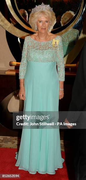 The Duchess of Cornwall in an evening dress and jewels at the CHOGM dinner at the Cinnamon Lakeside Hotel in Colombo, the capital of Sri Lanka.