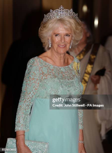 The Duchess of Cornwall in an evening dress and jewels at the CHOGM dinner at the Cinnamon Lakeside Hotel in Colombo, the capital of Sri Lanka.