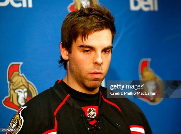 Pascal Leclaire of the Ottawa Senators, acquired in a trade from the Columbus Blue Jackets, meets with the media before a game against the Edmonton...