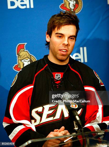 Pascal Leclaire of the Ottawa Senators, acquired in a trade from the Columbus Blue Jackets, meets with the media before a game against the Edmonton...