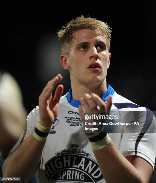 Scotland's Brett Phillips applauds the fans after his team lose to New Zealand during the World Cup Quarter Final match at Headingley Stadium, Leeds.
