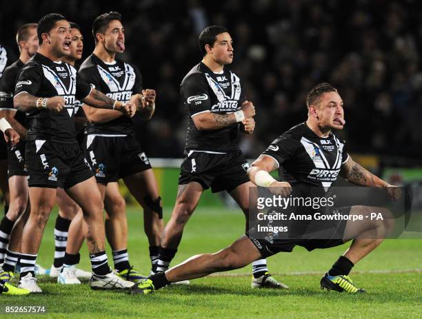 New Zealand's Jared Waerea-Hargreaves performs the Haka with his team-mates during the World Cup Quarter Final match at Headingley Stadium, Leeds.