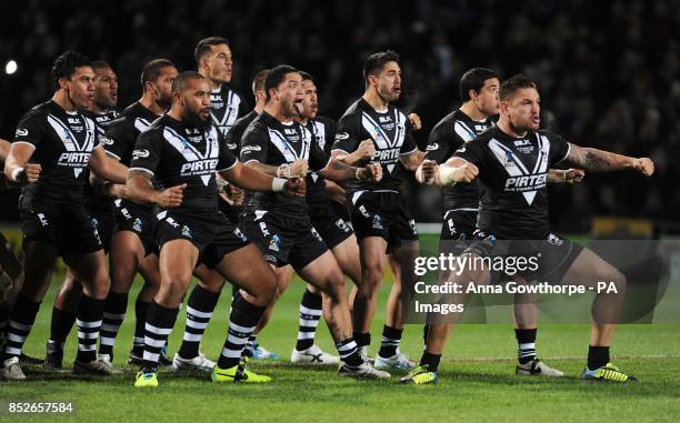 New Zealand's Jared Waerea-Hargreaves performs the Haka with his team-mates during the World Cup Quarter Final match at Headingley Stadium, Leeds.