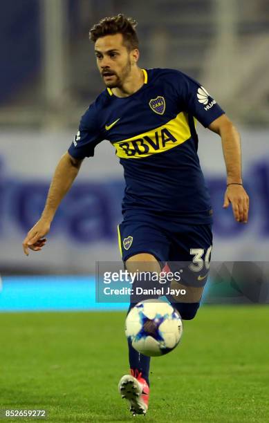 Agustin Bouzat of Boca Juniors plays the ball during a match between Velez Sarsfield and Boca Juniors as part of the Superliga 2017/18 at Estadio...