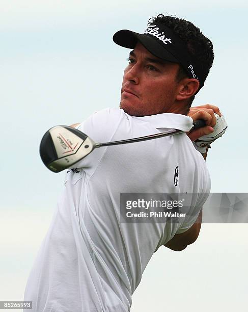 Gareth Paddison of New Zealand tees off on the 6th hole during day two of the New Zealand PGA Championship held at the Clearwater Golf Club March 06,...