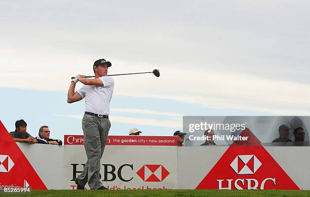 Gareth Paddison of New Zealand tees off on the 7th hole during day two of the New Zealand PGA Championship held at the Clearwater Golf Club March 06,...