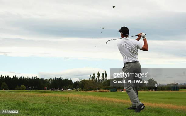 Gareth Paddison of New Zealand plays an approach shot on the 6th fairway during day two of the New Zealand PGA Championship held at the Clearwater...