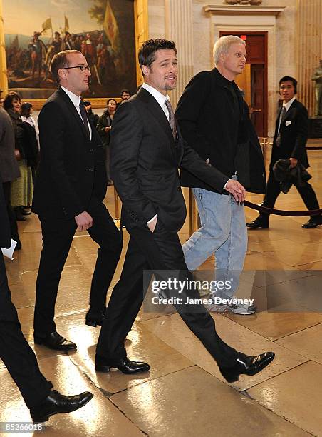 Brad Pitt and Steve Bing arrive to discuss the "Make it Right" project in the Speaker's Balcony Hallway in the Capitol Building on March 5, 2009 in...