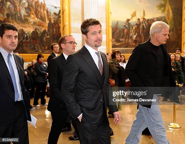 Brad Pitt and Steve Bing arrive to discuss the "Make it Right" project in the Speaker's Balcony Hallway in the Capitol Building on March 5, 2009 in...