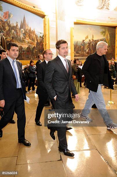 Brad Pitt and Steve Bing arrive to discuss the "Make it Right" project in the Speaker's Balcony Hallway in the Capitol Building on March 5, 2009 in...