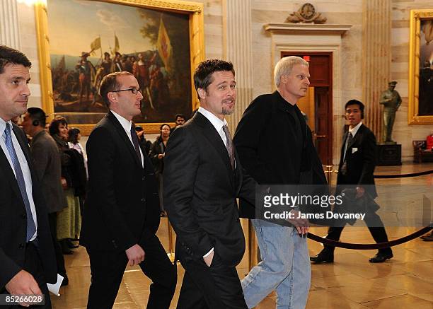 Brad Pitt and Steve Bing arrive to discuss the "Make it Right" project in the Speaker's Balcony Hallway in the Capitol Building on March 5, 2009 in...