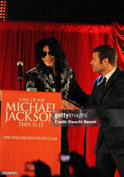 Dermot O'Leary with Michael Jackson who announces plans for Summer residency at the O2 Arena at a press conference held at the O2 Arena on March 5,...