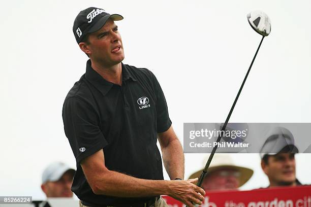 David Smail of New Zealand tees off on the 2nd hole during day two of the New Zealand PGA Championship held at the Clearwater Golf Club March 06,...