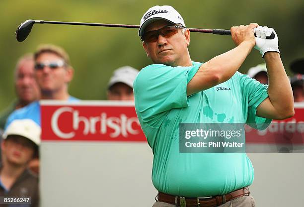 Peter O'Malley of Australia tees off on the 1st hole during day two of the New Zealand PGA Championship held at the Clearwater Golf Club March 06,...