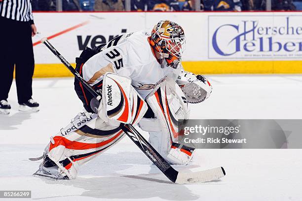 Jean-Sebastien Giguere of the Anaheim Ducks defends the net during the game against the Buffalo Sabres on February 24, 2009 at HSBC Arena in Buffalo,...