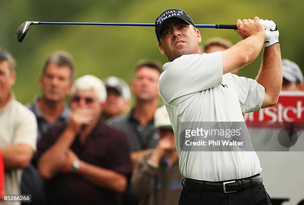 Ryan Armour of the United States of America tees off on the 1st hole during day two of the New Zealand PGA Championship held at the Clearwater Golf...