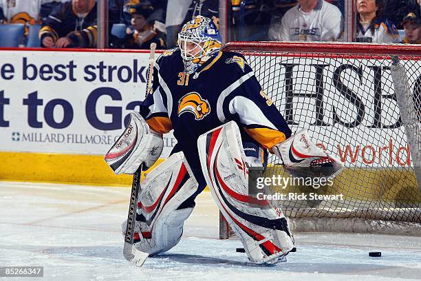 Jhonas Enroth of the Buffalo Sabres warms up before the game against the Anaheim Ducks on February 24, 2009 at HSBC Arena in Buffalo, New York.