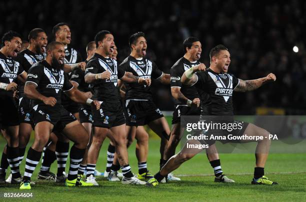 New Zealand's Jared Waerea-Hargreaves performs the Haka with his team-mates during the World Cup Quarter Final match at Headingley Stadium, Leeds.