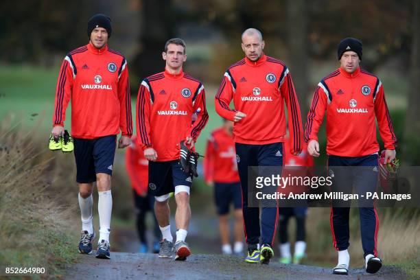 Scotland's Gordon Greer, Craig Bryson, Alan Hutton and Charlie Adam during the training session at Mar Hall, Bishopton.